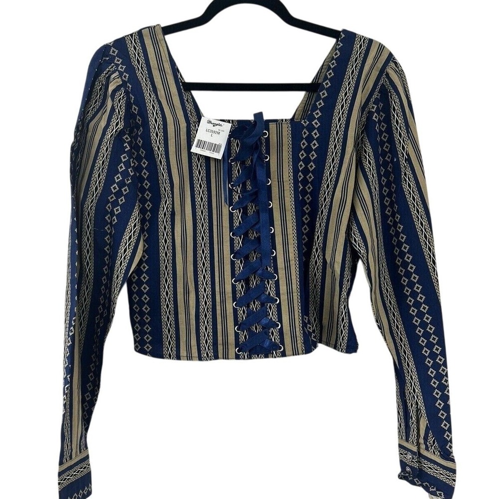 Wrangler Silver Lake Womens L Blue‎ Striped Lace Up Western Blouse LC3592M